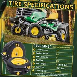 Wiltire 16x6.50-8 Tire and Wheel Assembly (2 Pack),Flat Free Lawn Mower Tires with Rim, Solid Rubber Riding Lawn Mower Tires and Wheels,3" Offset Hub,3/4" Bushings,16x6.5-8 Tractor Turf Tire(Yellow)