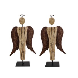 K KILIPES 8.25" H Wooden Angel Statue Primitive Farmhouse Decor Wood and Metal Angel Figurine Tabletop Ornament Hand Carved Angel Sculpture Home Decor (2)