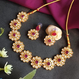 Efulgenz Kundan Bridal Jewelry Indian Jewelry Sets for Women Indian Jewelry Choker Kundan Crystal Floral Necklace Earrings Bollywood Wedding Bridal Set