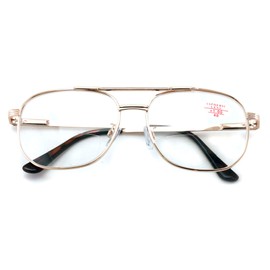 Bifocal Metal Aviator Reading Glasses - Big Lens Spring Hinge Square Reader - Clear lens (Gold, 2.00)