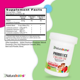 NaturalKids Kids Probiotic Chewables for Digestive Health, Gut Health and Immune Support Supplement - Childrens Probiotics with 5 Billion CFU - Strawberry Flavor 60 Chewable Tablets