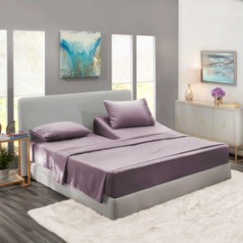 Clara Clark Flex Top King Sheets - Hotel Luxury 6 Piece Bed Sheets for Top Split King Bed - Soft Bedding Sheets & Pillowcases, Head Split King Size. Dusty Purple
