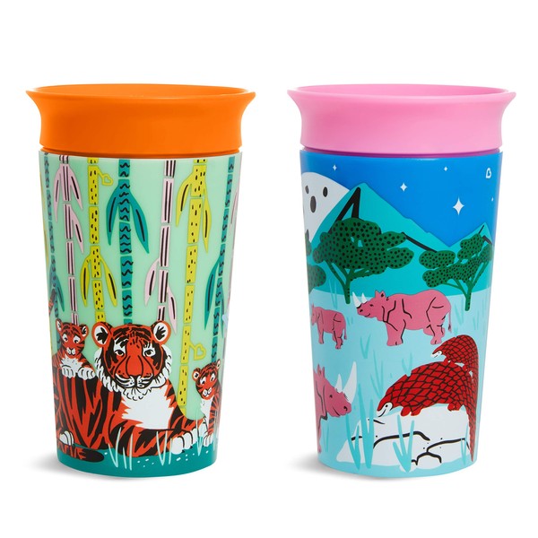Munchkin WildLove Miracle 360 Cup, Toddler Cup, BPA Free Baby & Toddler Sippy Cups, Non Spill Cup, Dishwasher Safe Baby Cup, Leakproof Childrens Cup, Recycled Packaging -9oz/266ml, 2 Pack, Rhino/Tiger