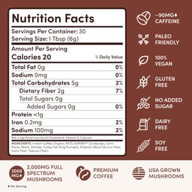 RYZE SUPERFOODS Mushroom Coffee Dark Roast, 6 Adaptogenic Mushrooms & Prebiotic Blend, Instant Coffee Supports Energy, Focus, Digestion & Immunity, Lions Mane & Turkey Tail, 30 Servings.