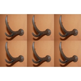 Deer Horn Bath Towel Hook Set of 6, Solid Heavy Cast Iron, Very Durable Large Towel Hooks