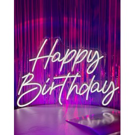 Happy Birthday Neon Sign For Backdrop Large Happy Birthday Light Up Sign White Led Sign For Home Company Birthday Party, 21.65"*14.96" BD04