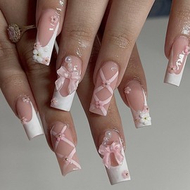 Yazikisa French Square Press on Nails with Bow Charms Medium False Nail Tips Stick on Fake Fingernails Acrylic Artificial Manicure Women Girls Full Cover Salon Wedding 24Pcs