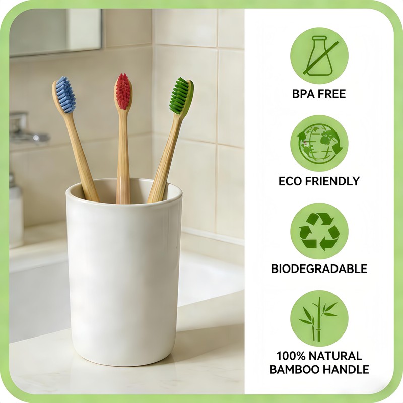 Gufiky Bamboo Toothbrushes Soft Bristles 6 Pack - Natural Wooden