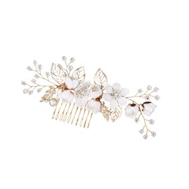 Pearl Bridal Hair Comb Flower and Leaf Side Hair Clips Boho Crystal Hairpiece Wedding Hair Accessories for Brides Bridesmaids Weddings and Parties(White)