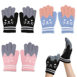 Bekecidi 3 Pairs Kids Winter Gloves, Cute Cat Warm Knitted Gloves Thermal Fluffy Gloves Children Mittens Full Finger Gloves Stretch Gloves for Boys and Girls Age 6-12 (Pink, Black, Cyan)