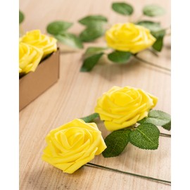 DuHouse 25Pcs Artificial Roses Flowers Fake Roses with Stems Real Touch Foam Flowers for DIY Wedding Bouquet Baby Shower Centerpiece Floral Arrangement Party Home Decor(Yellow)