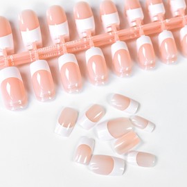 120pcs 5 Set White French Tip Press on Nails Medium Square Fake Nails Nude False Nails, IKISKT Square French Press ons Square Nail Acrylic Artificial Nail with Adhesive Tab for Women Girls