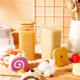 Rtteri Rtteri 6 Set Glass Cups Square Drinking Glasses with Bamboo Lid Straw and Handle Appreciation Gifts for Employee Coworker Portable Coffee Mugs(16 oz, Medium,Clear)