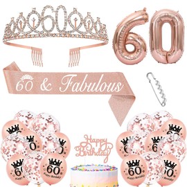 60. Geburtstag Krone Schärpe Luftballons Roségold 60. Geburtstag Schärpe und Tiara Diademe 60Jahre Dekorationen Cupcake Topper Birthday Schärpe Haarschmuck für Damen 60. Geburtstag Dress Up Party