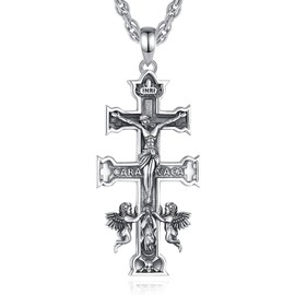 EUDORA Sterling Silver Caravaca Cross Necklace for Women Men, Jesus Cross Crucifix Necklaces Amulet Energy Caravaca Cross Pendant Vintage Religious Christian Jewelry Gifts for Women Men, 22"+2"