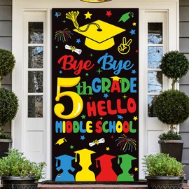5TH Grade Graduation Decorations 2025, 5TH Grade Graduation Door Cover Banner Supplies, Bye Bye 5TH Grade Hello Middle School Banner Photo Backdrop, 4MF