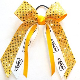 Cheerleading Soft Touch Sequin Hair Bow, Made in the USA, White Pony Band, (Gold)