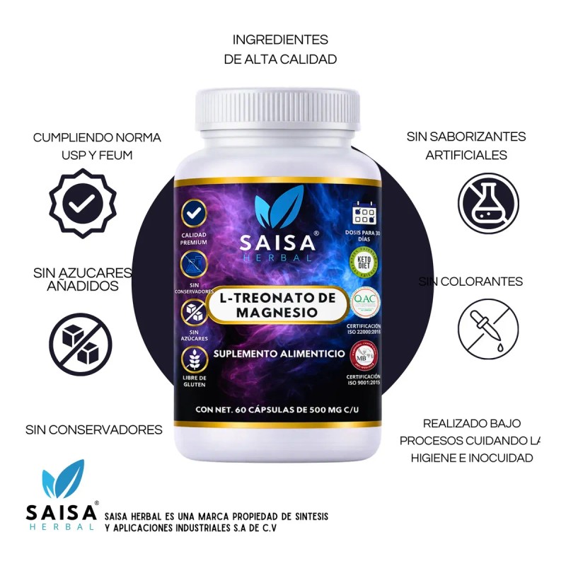 Treonato Magnesio Suplemento Alimenticio 100 Puro Saisa Herbal Cápsulas Alta