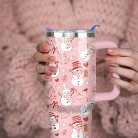 ysnifeiw 40oz Christmas Tumbler With Handle Lid and Straw, Stainless Steel Pink Xmas Snowman Insulated Coffee Cup, Christmas Gifts for Women/Mom/Daughter/Aunt/Girlfriend