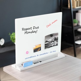 VIVO Freestanding Glass 23 x 19 inch Tabletop Magnetic Dry Erase Board, Portable Privacy Divider, Reversible Double-Sided Whiteboard Panel Partition, Storage Trays, School Home Office, DESK-WB23G