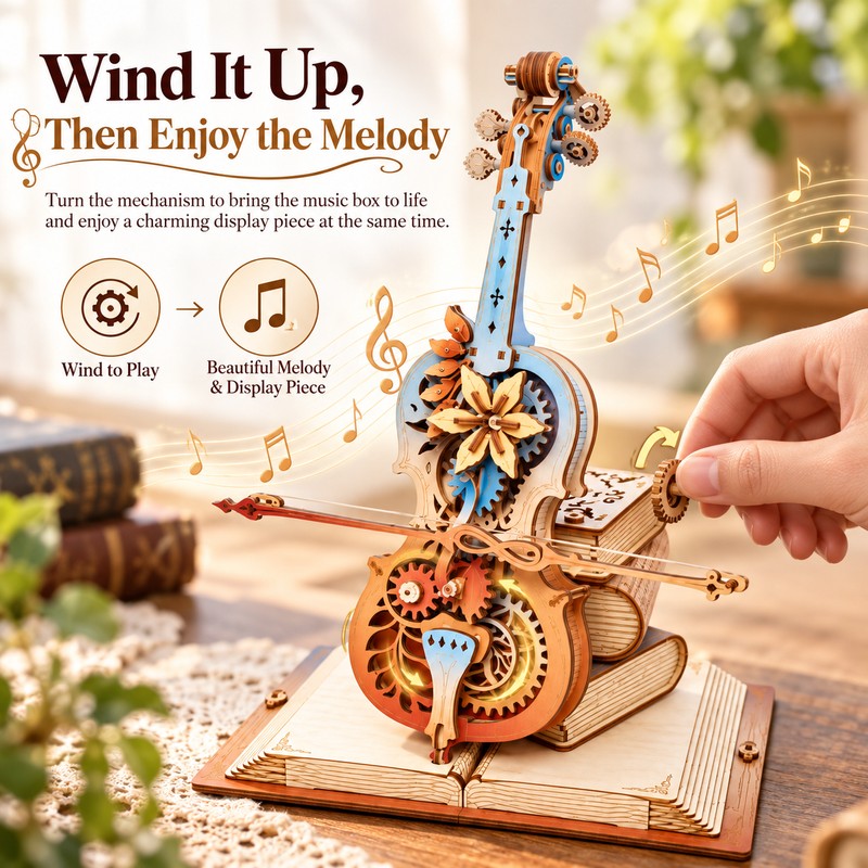 Wooden Cello 3D Puzzle Music Box for DIY Building –