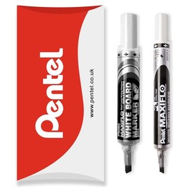 Pentel Maxiflo Whiteboard Marker Pen - Fine & Medium Chisel Tip - Black Ink - Pack of 2 Pens in Pillow Packaging