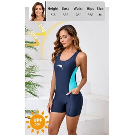 Halcurt Women's Boyleg One Piece Swimsuit with Pocket Racerback Athletic Bathing Suit Navy Blue M