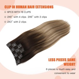 XDhair Clip In Hair Extensions Human Hair,18 Inch 120g 6pcs Dark Brown to Chestnut Brown and Dirty Blonde Clip in Extensions Human Hair for Women (clip#2/6/18,18Inch)