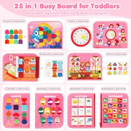 URMYWO Busy Board - Busy Book Montessori Toys for Toddler Ages 3+, Toddler Activities with Fine Motor Skills, Gifts for Boys Girls, Travel Toys for Road Trip Plane Car (Pink