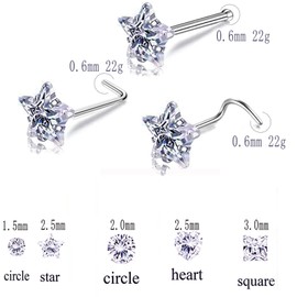 Carperton Nose Rings Studs L Nose Studs Screw Nose Rings 20g 22g Bone Nose Studs for Women Titanium Steel, Titanium, cubic zirconia