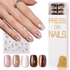 CUZIAM Brown Cat Eye Press on Nails Short Square Set, 150pcs 15 Sizes Jelly Glass Nude Neutral Beige Khaki Roasted Chestnuts Chocolate Winter Nails with Mirror Metallic Silver Nail Stickers