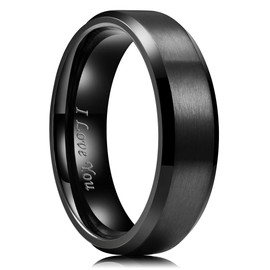King Will 7mm Stainless Steel Ring Black Plated Matte Finish&Polished Beveled Edge with Laser Etched I Love You 12