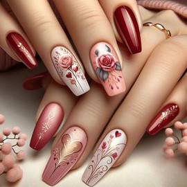 Valentine Press on Nails Medium Coffin Fake Nails Gradient Glue on Nails Valentine Rose False Nails with Heart Pattern Cute Valentine Press on Nails for Women Manicure Decor 24Pcs