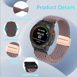 RanBluu QuickFit 20 mm Strap for Garmin fēnix 8 43mm/Fenix 7S/Fenix 6S, Magnetic Clasp Replacement Band, Soft Elastic Braided Nylon Sport Bracelet for Garmin Descent Mk3Si, Purple