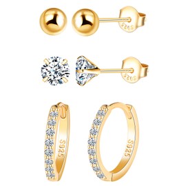 MICYUMI S925 Sterling Silver Earrings for Women Men 3 Pair Earrings Set Cubic Zirconia Earrings Ball Studs Hoop Earrings, Gold