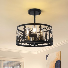 Rustic Ceiling Light Fixture,Round Farmhouse Black Ceiling Light,Deer and Tree Lamp,Bedroom,Livingroom,Entryway,Hallway,Industrial Indoor Lighting Flush Mount,Home Office Decor,3 Light,Cage Shape