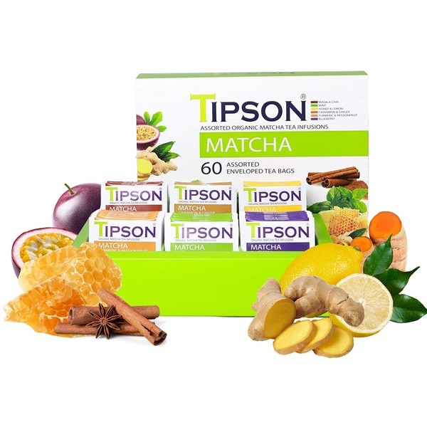 Tipson Organic Matcha Tea - 6 Assorted Flavors - 60 Foil Enveloped Double Chambered Bags - Antioxidant Superfood - NonGMO - Gluten Free