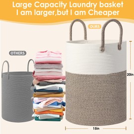 HOBASKET Large 60L Laundry Basket Hamper, Woven Cotton Rope Basket with Handles, Blanket Basket for Living Room, Baby Nursery, Bedroom & Bathroom, 15"D x 20"H Decorative Clothes Hamper, White/Brown