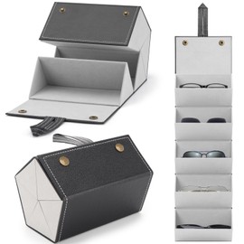 Aubeco Upgraded 5-Slot Travel Sunglasses Organizer, Waterproof Leather Case with Velvet Lining, Foldable Storage for Multiple Pairs, Perfect for Men and Women