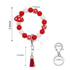 LMWKUN Red Mushroom Keychain Bracelet Wristlet Silicone Beaded Keychain with Leather Tassel for Women,Stretch Car Key Chain Bangle
