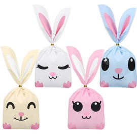 peony man 100 PCS Easter Bunny Goodie Bags Easter Bunny Candy Gift Bags Long Ear Party Favor Bags Plastic Easter Treat Bags with Twist Tie for Gift Cookie Packing Party Supplies