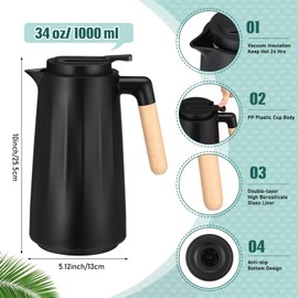 Ziliny 2 Pcs 34 oz Thermal Coffee Carafe for Keeping Hot/Cold Double Wall Vacuum Carafe with Insulated Glass Liner and Wood Handle Coffee Pot Container for Drinks Milk Tea Chocolates(Black)