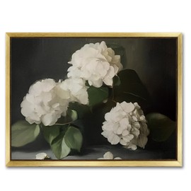 AIMAILON Vintage Gold Canvas Wall Art Framed Decor Classical Botanical Aesthetic Picture Blooming White Hydrangea Flowers Artwork Retro Light Boho Print Desktop Decoration 12x16