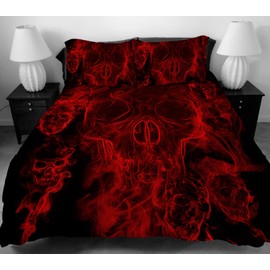 YSJ 3 PCS Duvet Cover Set with Zipper Closure,Ties-Black Red Skull Pattern Printed-Full Size Bedding Set Comforter Protector Pillowcases (Full)