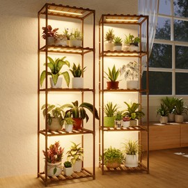 Bamworld Plant Stands with Grow Lights Sets of 2 Tall Plant Shelves for Mutiple Pots Large Plant Holder for Living Room Patio Boho Home Decor for Gardening Warm Light 2pcs