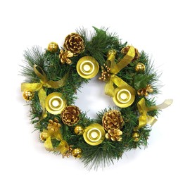 Mega Candles Christmas Advent Wreath with Gold Ribbon Accents and Gold Ring Candle Holder, Great Holiday Traditional Décor