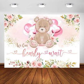 Avezano We Can Bearly Wait Baby Shower Backdrop for Girl Cute Bear Gold Glitter Confetti Baby Shower Photography Background Pink Balloons Floral Lovely Bear Baby Shower Decoration Photoshoot (10x7ft)