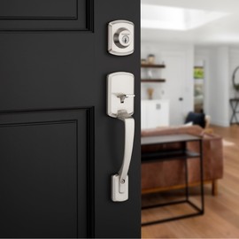 Kwikset Henley Front Door Lock Handle and Deadbolt Set, Entry Handleset Exterior with Interior Reversible Lever, Satin Nickel, Pick Resistant SmartKey Rekey Deadbolt Security, with Microban Protection
