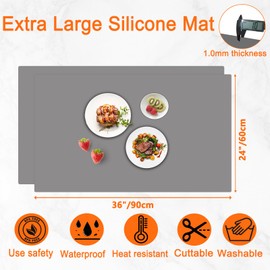 2 Pack Large Silicone Mats for Kitchen Counter, 36''x24''(90cmx60cm) Heat Resistant Mat for Kitchen Island, Waterproof Multipurpose Countertop Protector, Dark Gray
