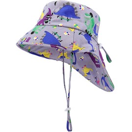 XYIYI Grey Dinosaur Baby Sun Protection Beach Hat Toddler Boys Girls Summer Sun Hat Kids Neck Flap Cap with Adjustable Chin Straps for 3-6 Years